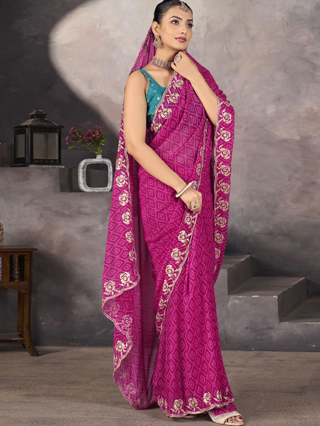 

Satrani Bandhani Sequinned Pure Georgette Bandhani Saree, Pink