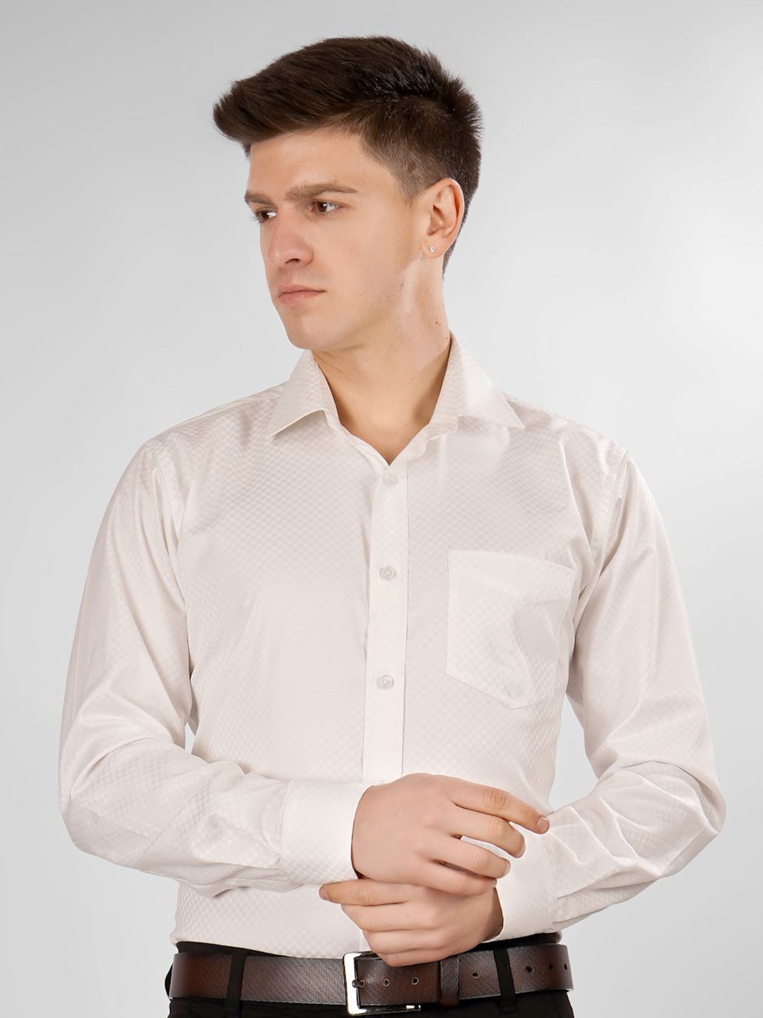 

DESIGN UP Men New Slim Fit Spread Collar Textured Formal Shirt, Cream