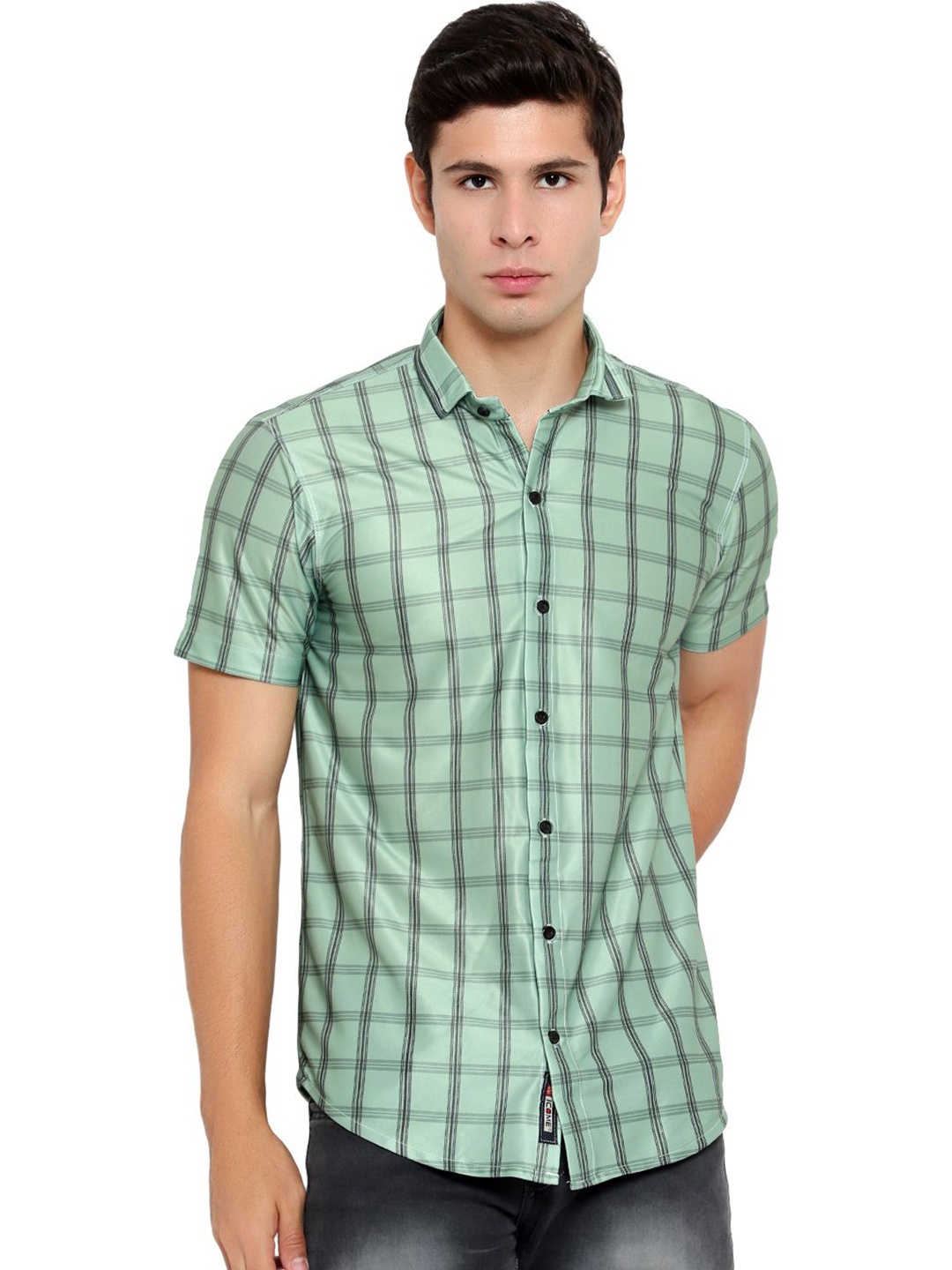 

iCome Men Spread Collar Checked Casual Shirt, Green