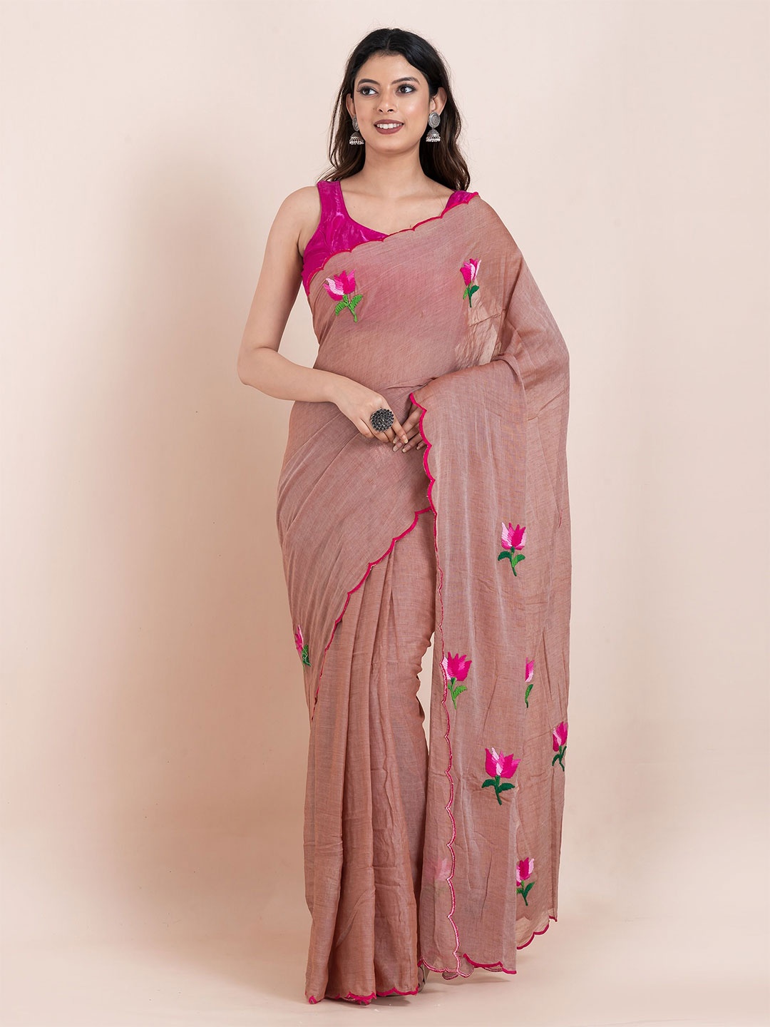 

ShopAaMe Floral Schiffli Pure Cotton Saree, Coffee brown