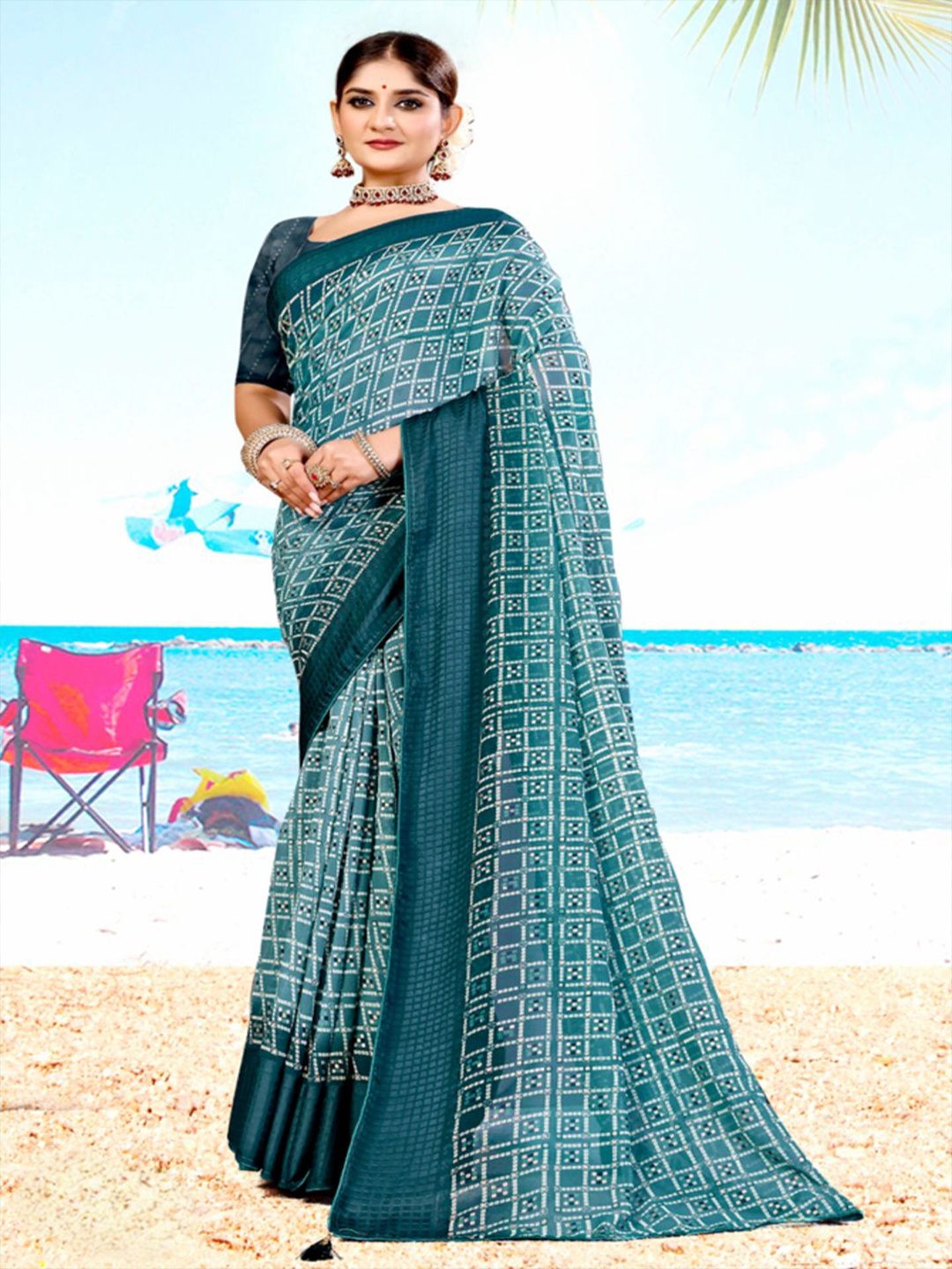 

SHOPPKEE Bandhani Sequinned Maheshwari Saree, Blue
