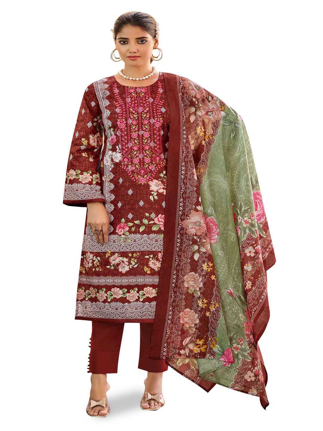 

DRAVINAM Trends Floral Embroidered Pure Cotton Unstitched Dress Material, Maroon