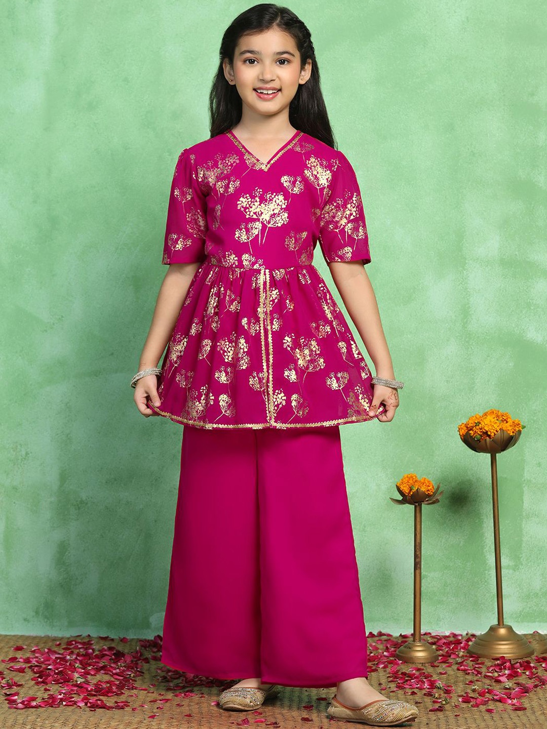 

Sangria Girls Pink Floral Printed V-Neck Georgette Anarkali Kurta With Palazzos