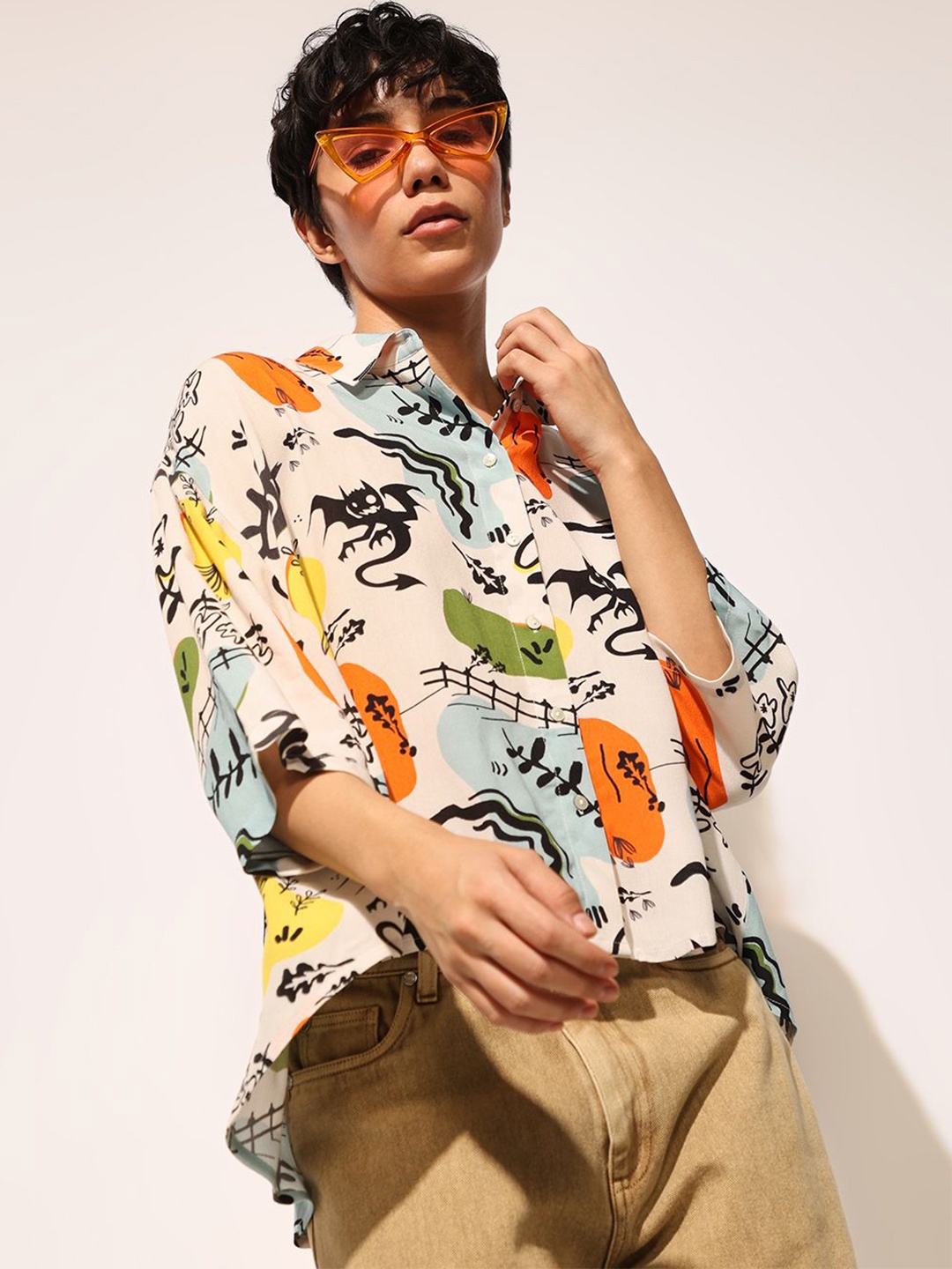

ONLY Women onlD KENZI Relaxed Fit Spread Collar Conversational Printed Casual Shirt, Cream