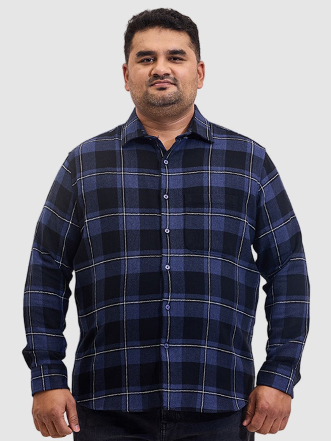 

Snitch Men Plus Size Classic Regular Fit Spread Collar Checked Cotton Casual Shirt, Navy blue