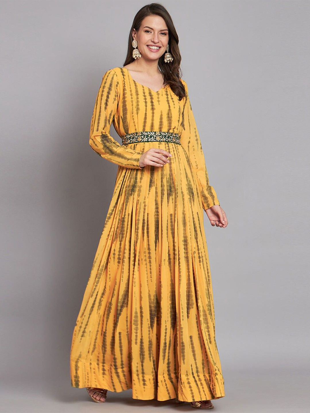 

Jash Creation Printed Maxi Dress Comes with a belt, Yellow