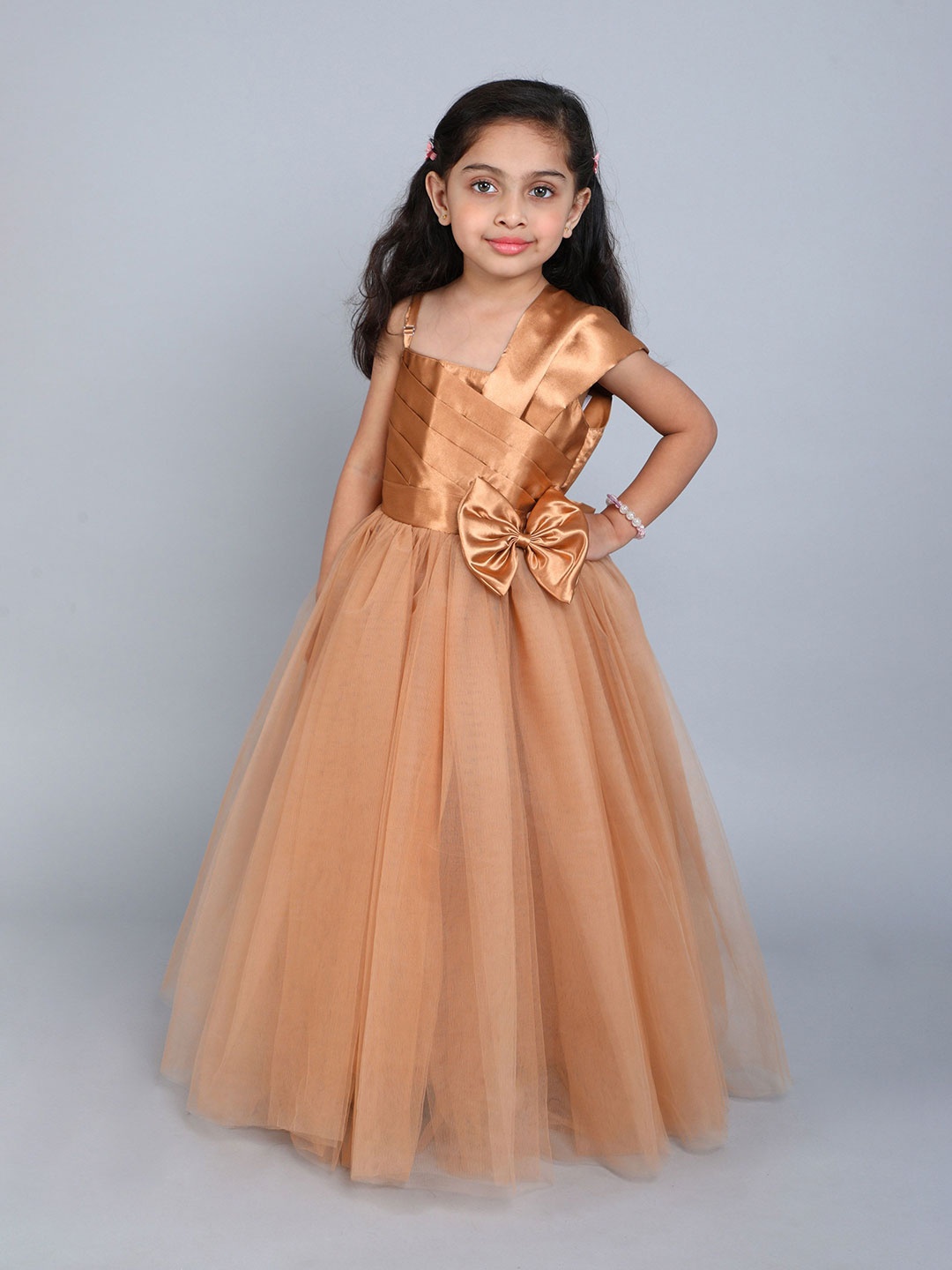 

Pink Chick Girls Shoulder Straps Satin Maxi Gown Dress, Gold