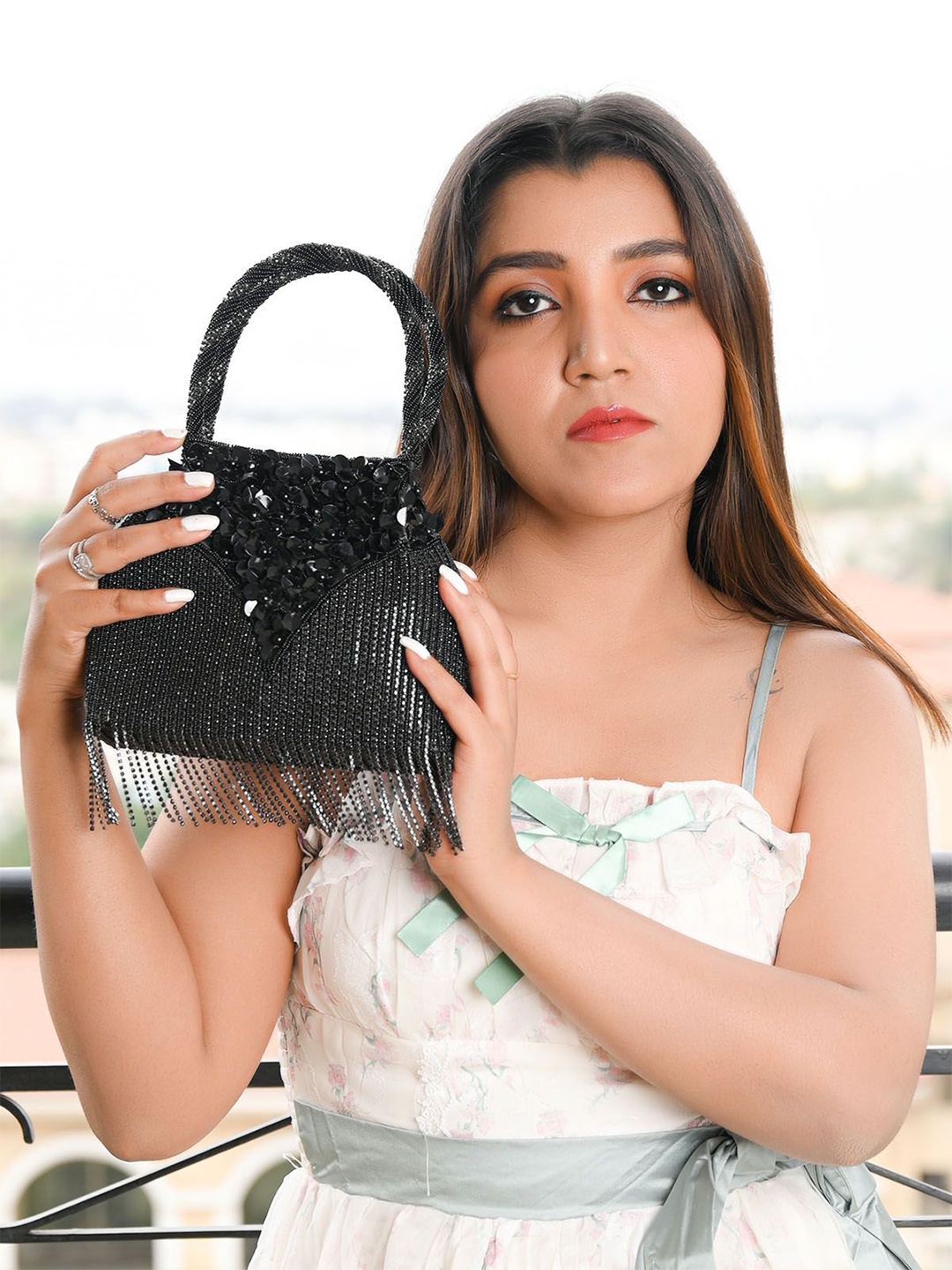 

ODETTE Embellished Bucket Handheld Bag with Tasselled, Black