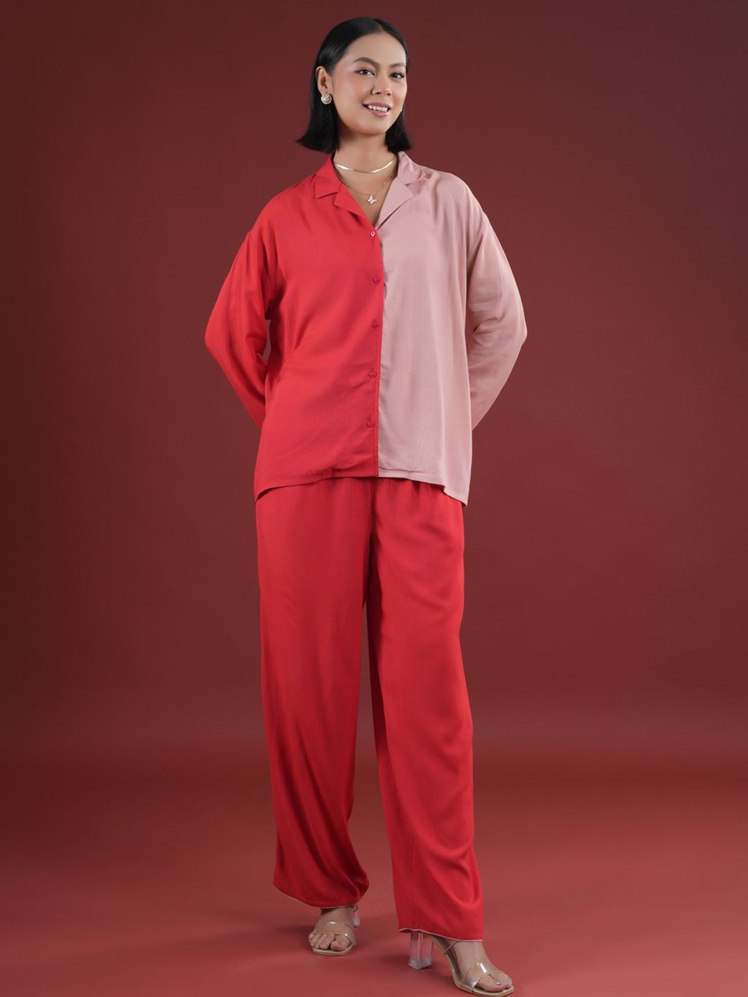 

SANSKRUTIHOMES Women Colourblocked Shirt With Trouser Co-Ords, Red