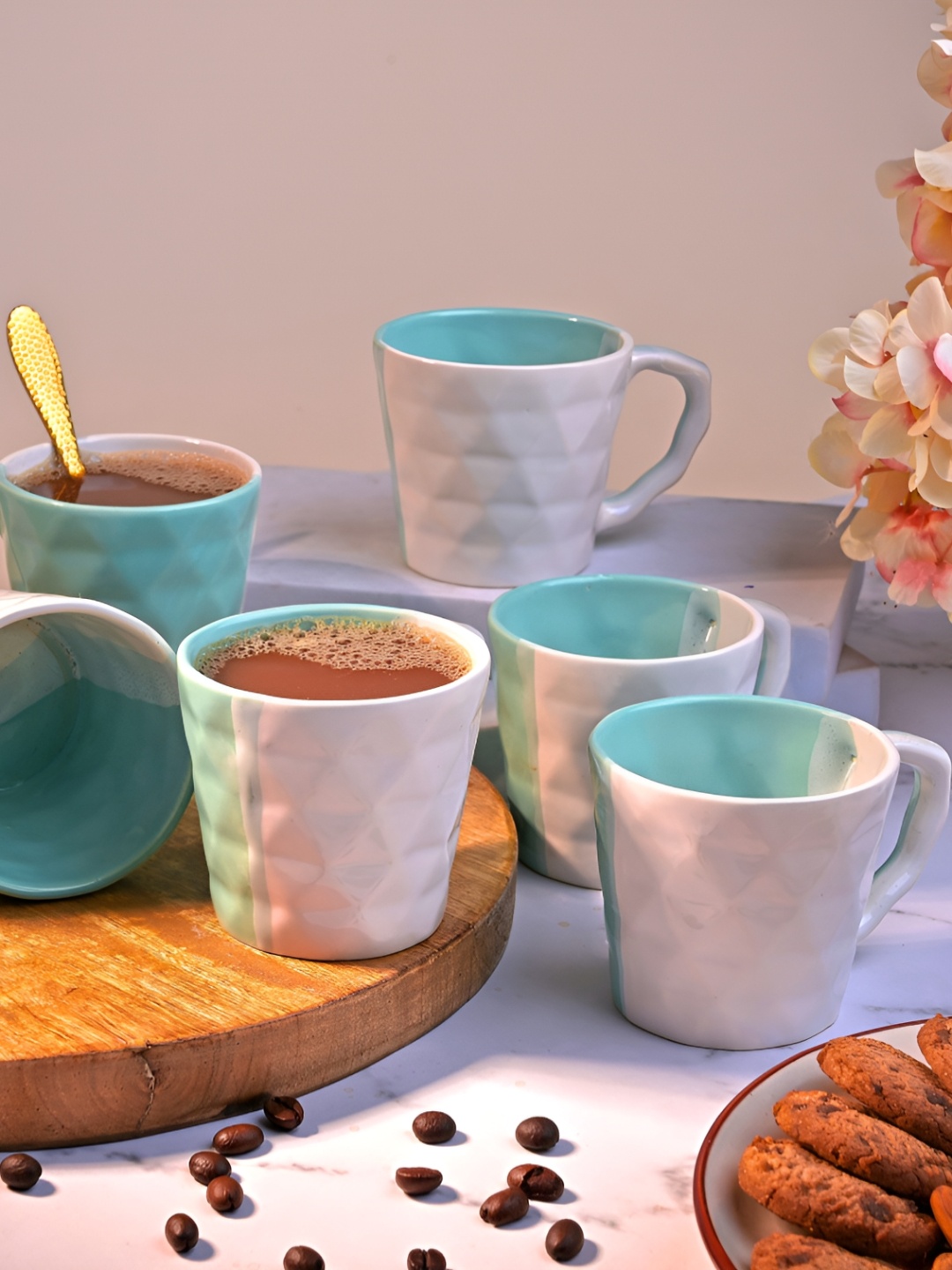 

Storepedia White & Blue 6 Pieces Textured Glossy Ceramic Tea Cups 150ml Each