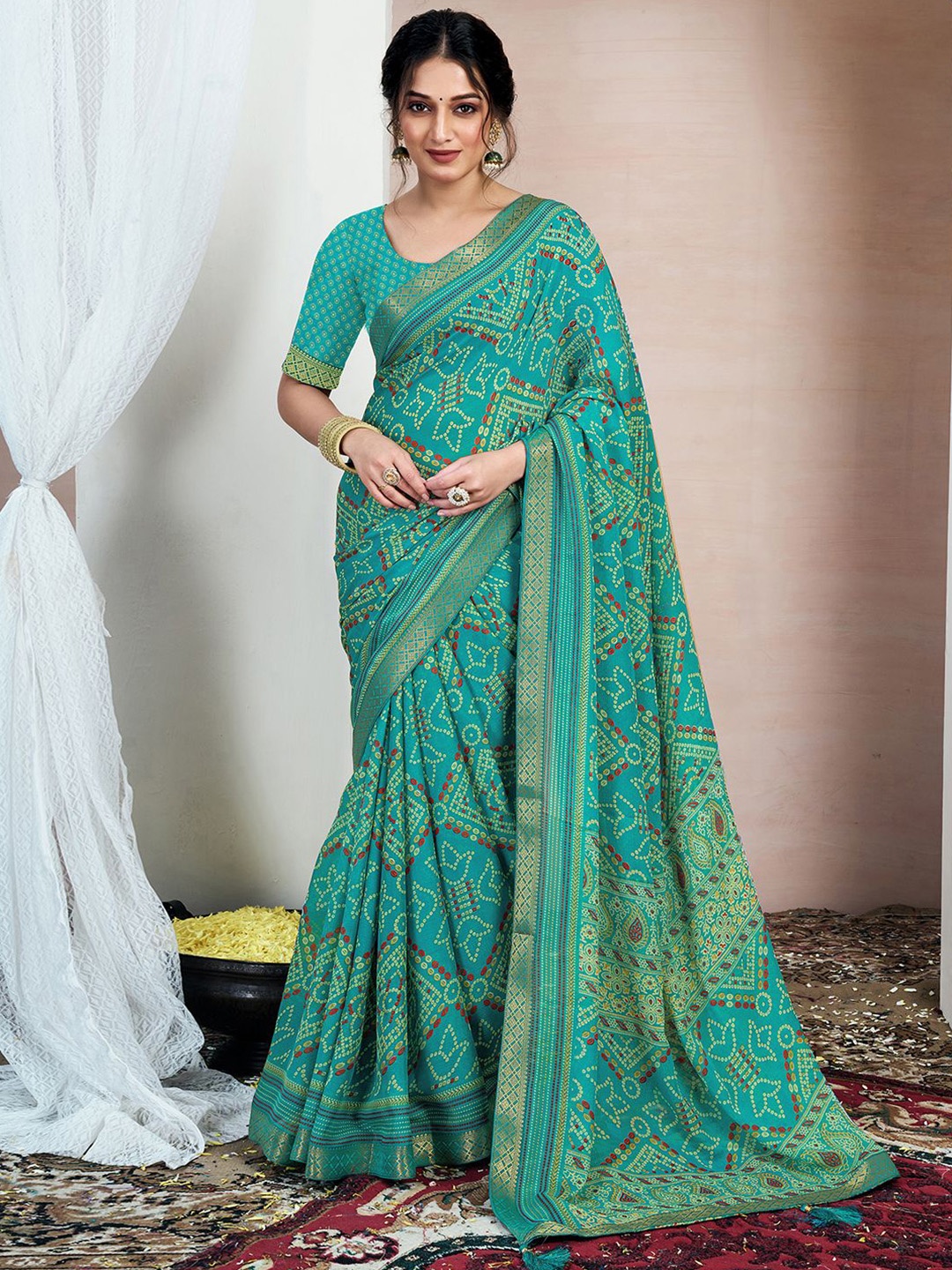 

KALINI Bandhani Printed Pure Chiffon Saree, Green