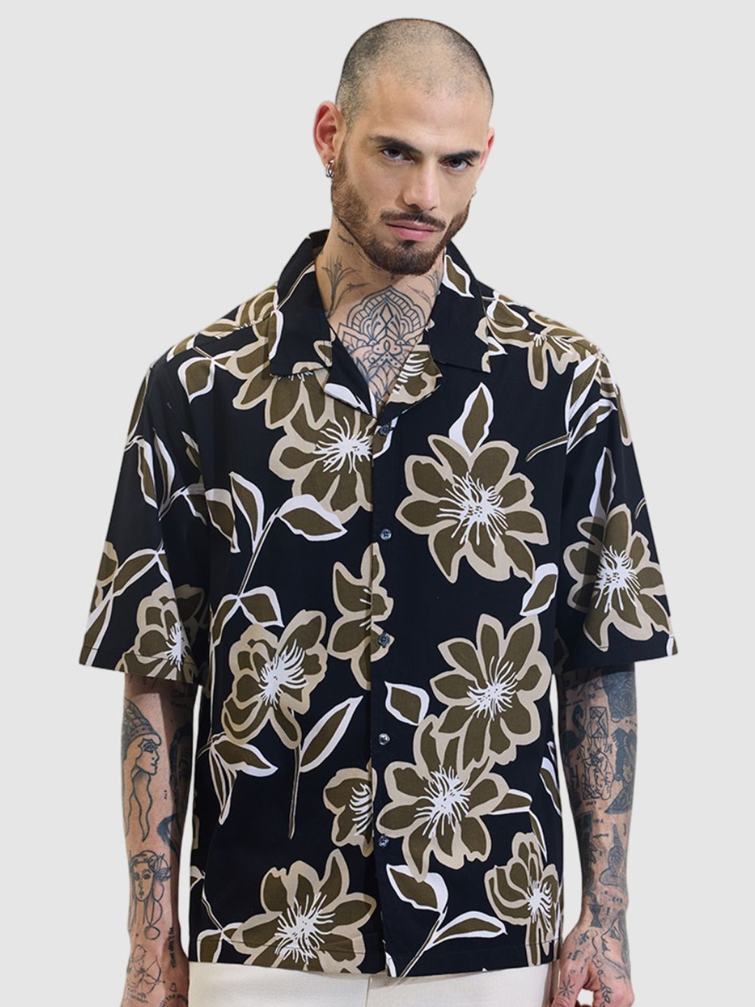 

Snitch Men Relaxed Boxy Fit Cuban Collar Floral Printed Cotton Casual Shirt, Black