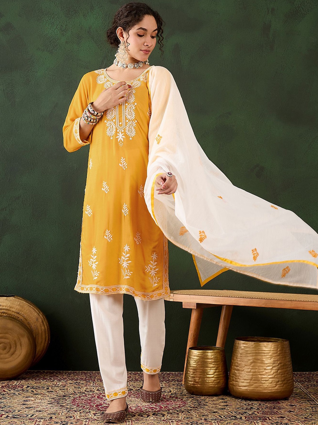 

HERE&NOW Floral Embroidered Straight Thread Work Kurta With Salwar And Dupatta, Yellow