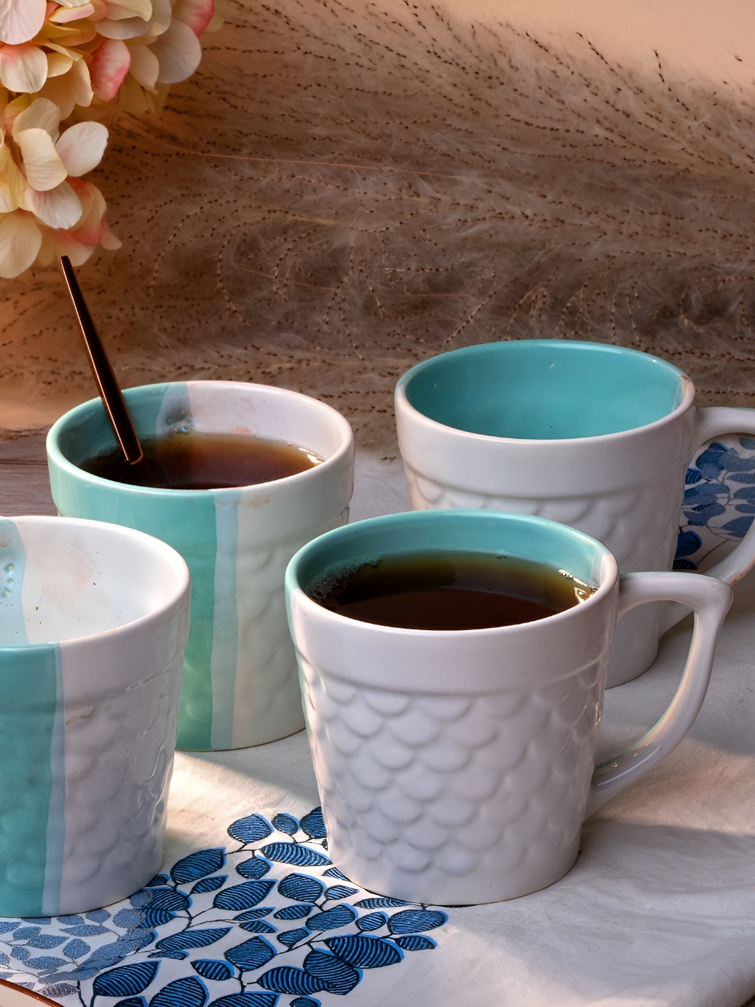 

Storepedia Blue & White 4 Pieces Textured Glossy Ceramic Coffee Mugs 150 ml Each