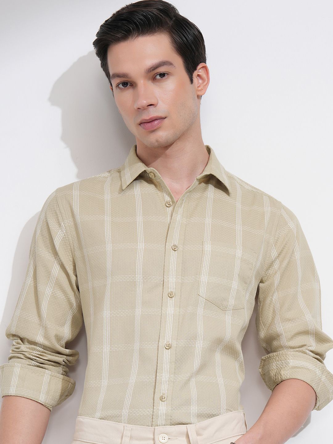 

HIGHLANDER Men Spread Collar Windowpane Checked Cotton Casual Shirt, Beige