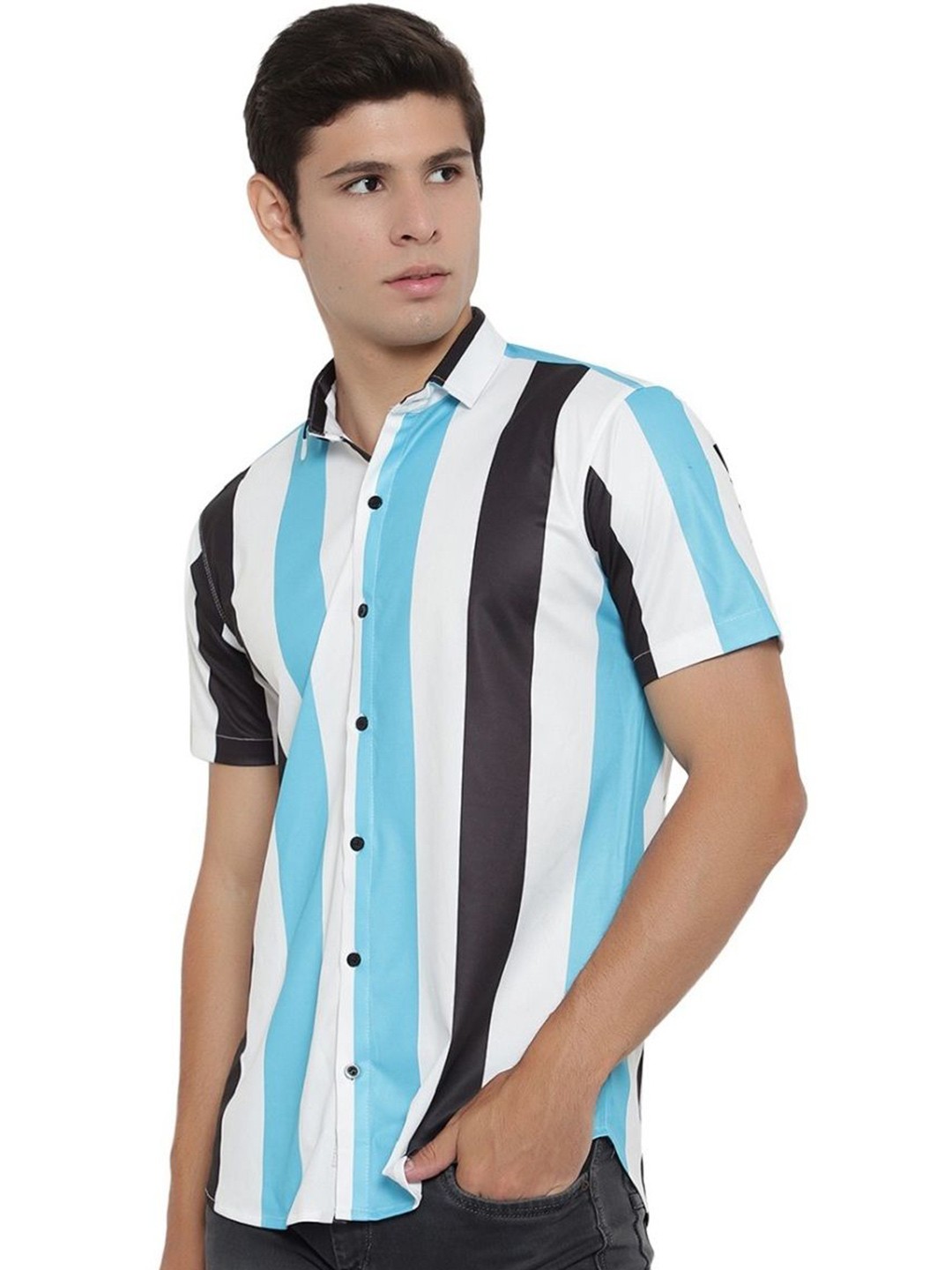 

iCome Men Spread Collar Vertical Striped Cotton Linen Casual Shirt, White
