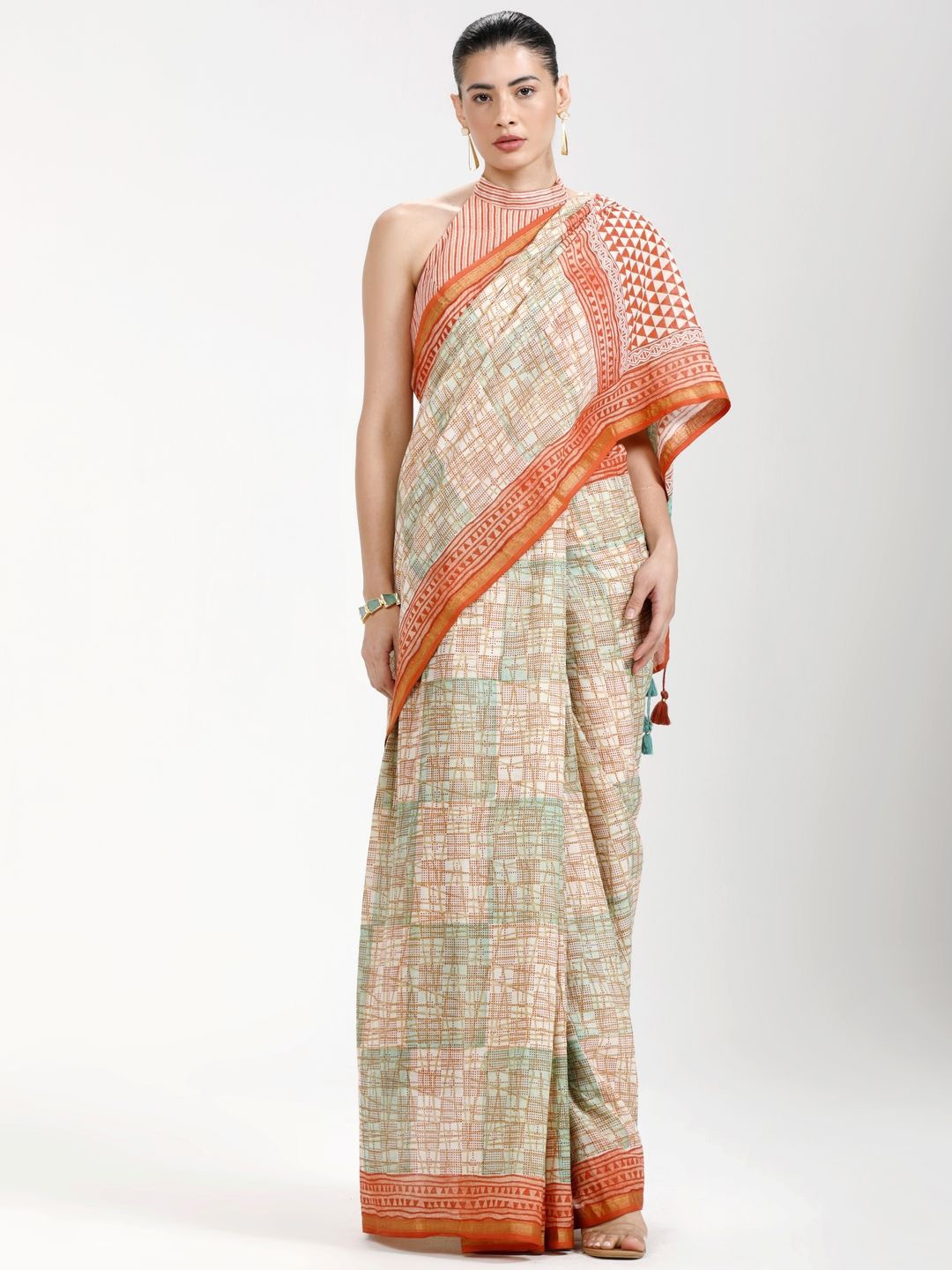 

Suha Zari Pure Cotton Printed Saree, Orange