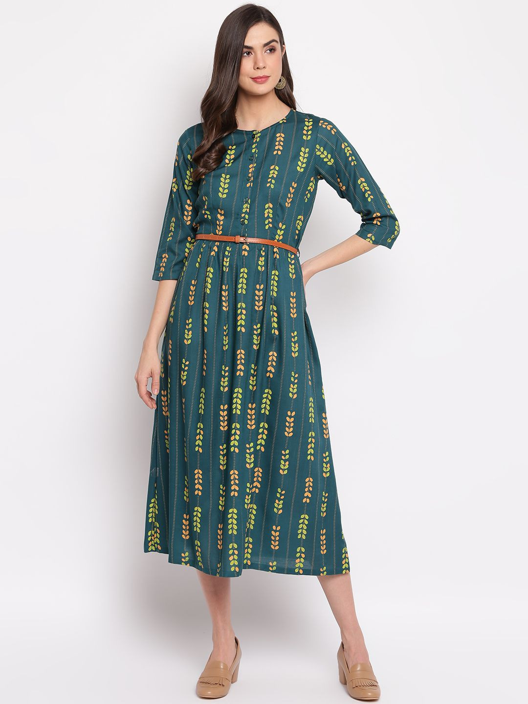 

DressBerry Ethnic Motifs Print A-Line Midi Dress, Green