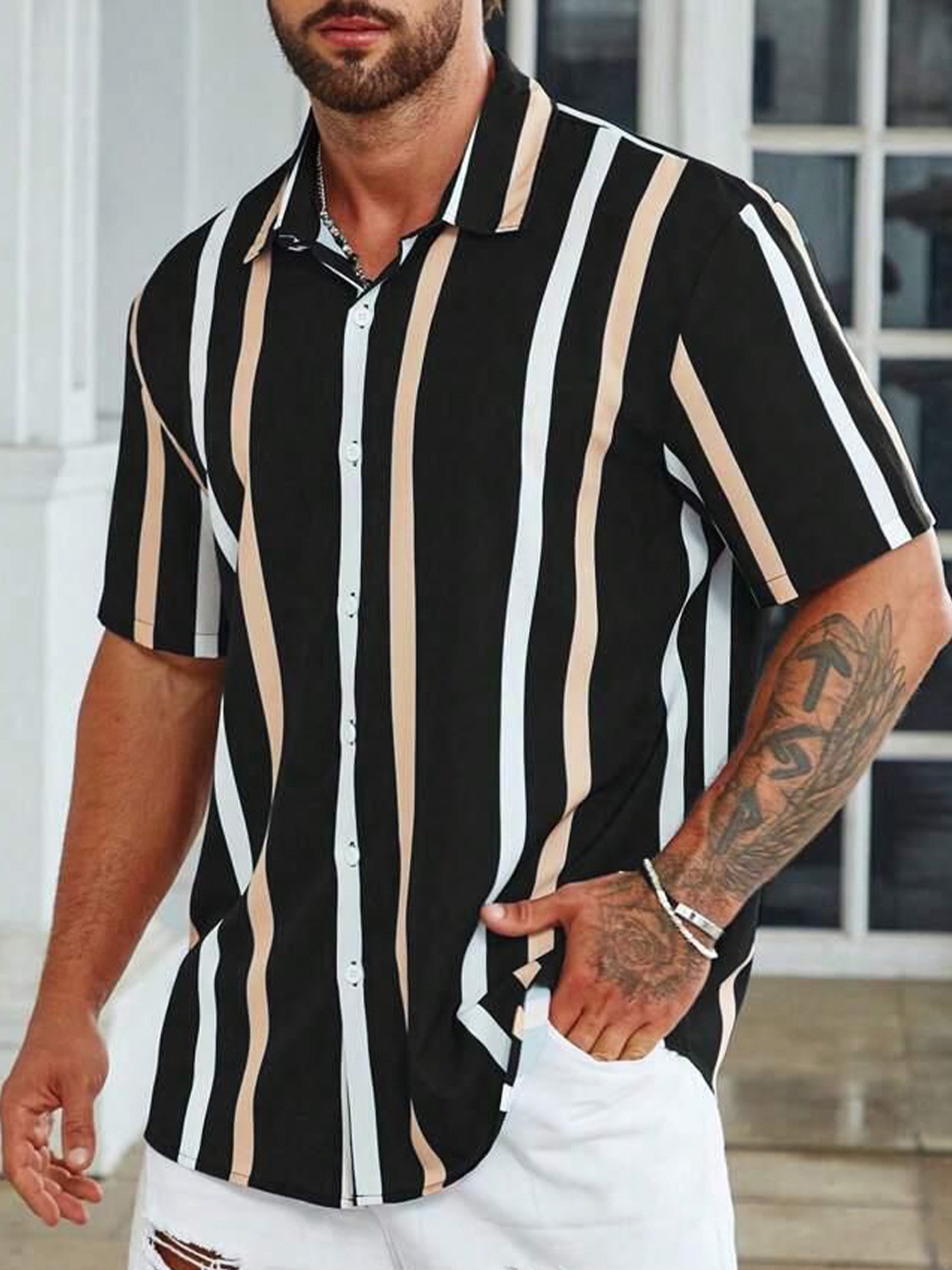 

iCome Men Spread Collar Vertical Striped Cotton Linen Casual Shirt, Black