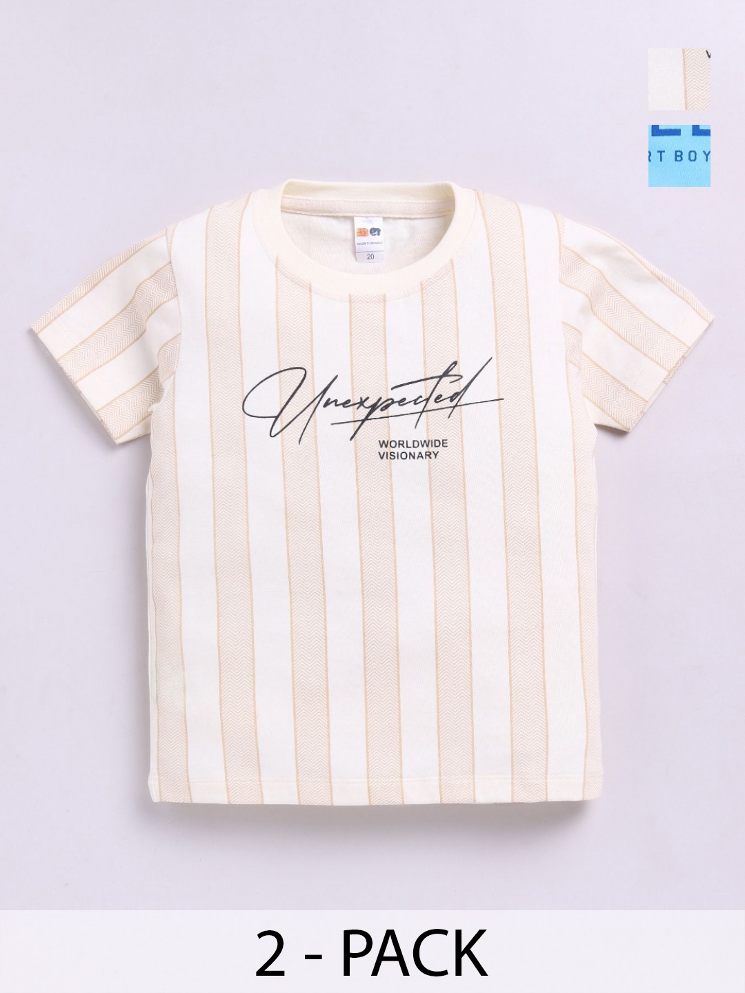 

LITTLE NINJA Boys Pack Of 2 Striped Round Neck Cotton T-shirts, Blue