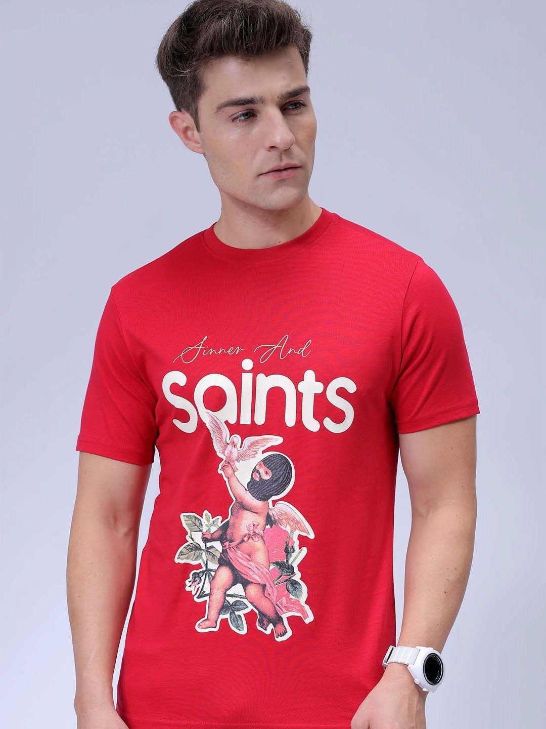 

The Indian Garage Co Men Graphic Printed Round Neck Cotton Slim Fit T-shirt, Red