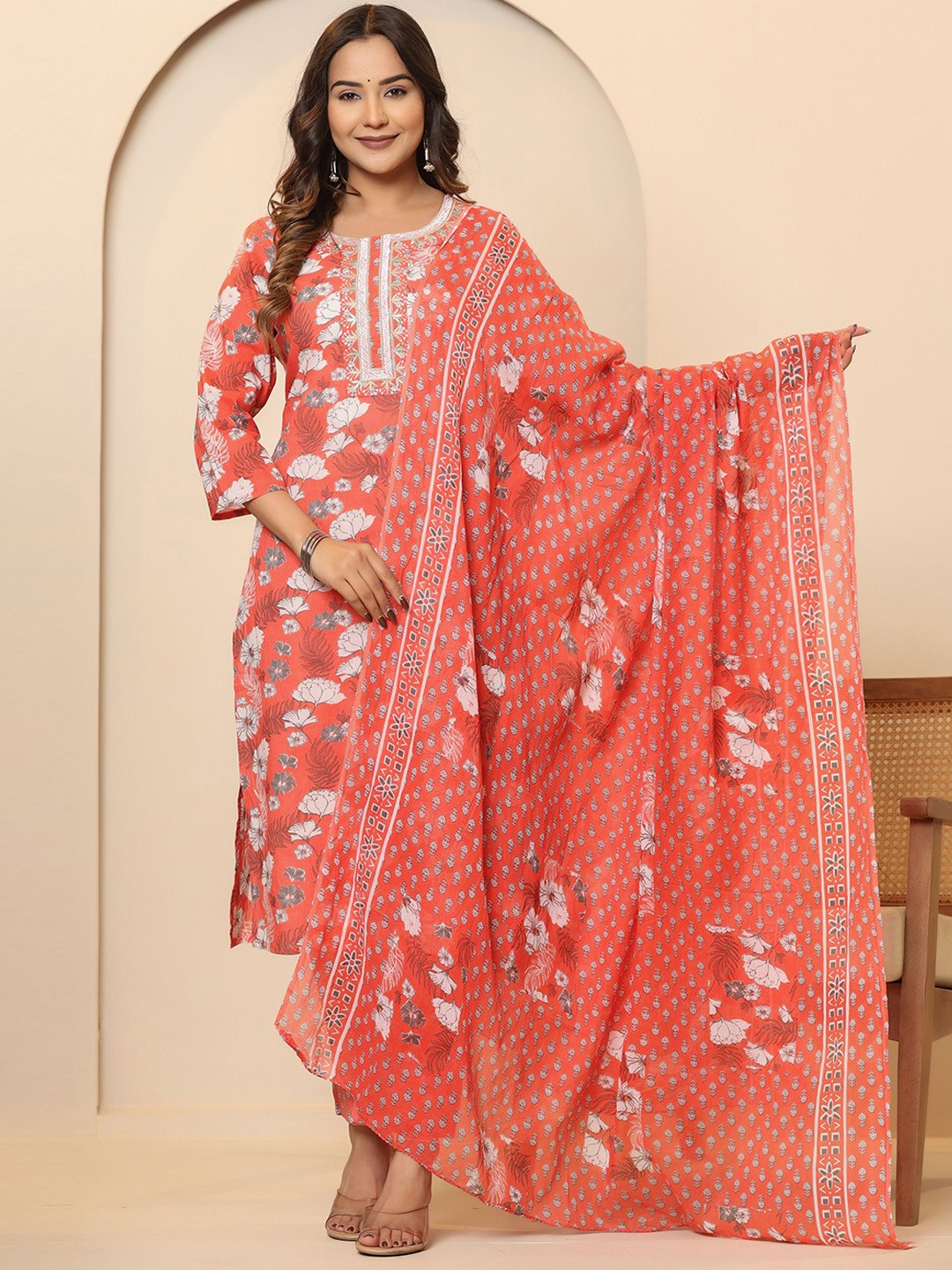 

PRIVIE Floral Printed Regular Pure Cotton Straight Kurta with Trousers & Dupatta, Orange