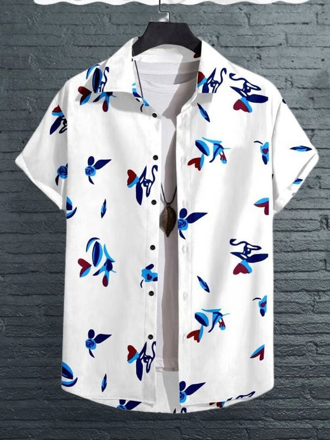 

iCome Men Spread Collar Floral Printed Casual Shirt, White