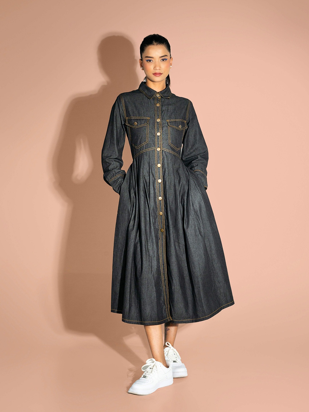

ONSKA Women Denim Midi Fit & Flare Dress, Black