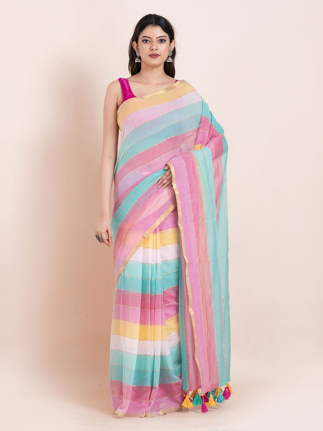 

ShopAaMe Striped Zari Pure Cotton Saree, Pink