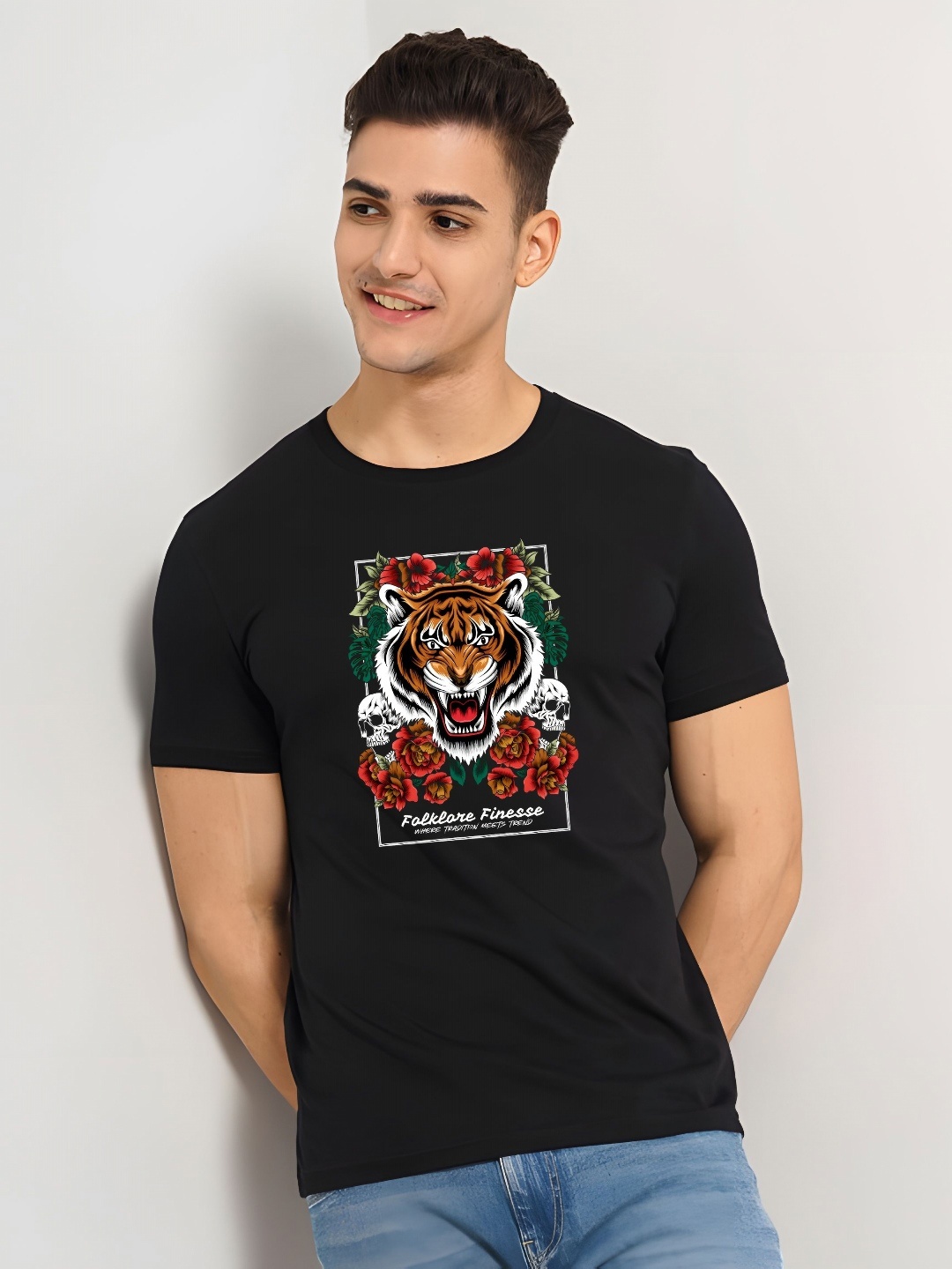 

SZN Men Graphic Printed Round Neck Regular Fit Cotton T-shirt, Black