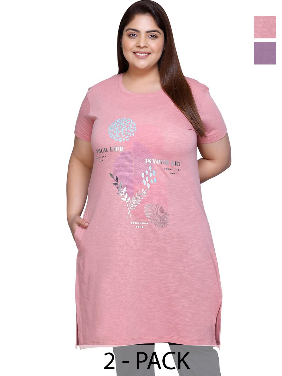 

IN Love Pack of 2 Women Plus Size Front Printed Cotton Nighty Chemise, Pink