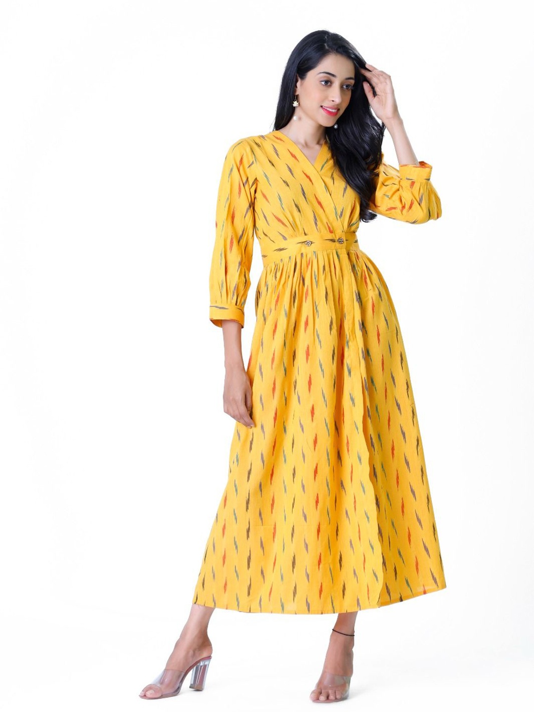 

Silselah Printed Pure Cotton Fit & Flare Midi Dress, Yellow