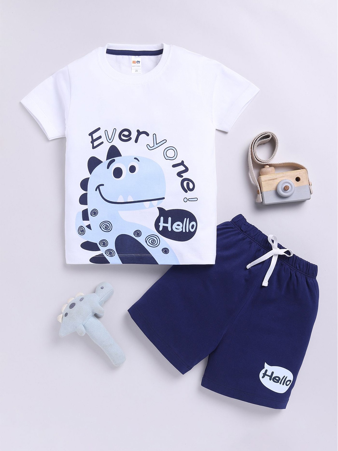 

LITTLE NINJA Boys Printed Round Neck Pure Cotton T-shirt With Shorts, White