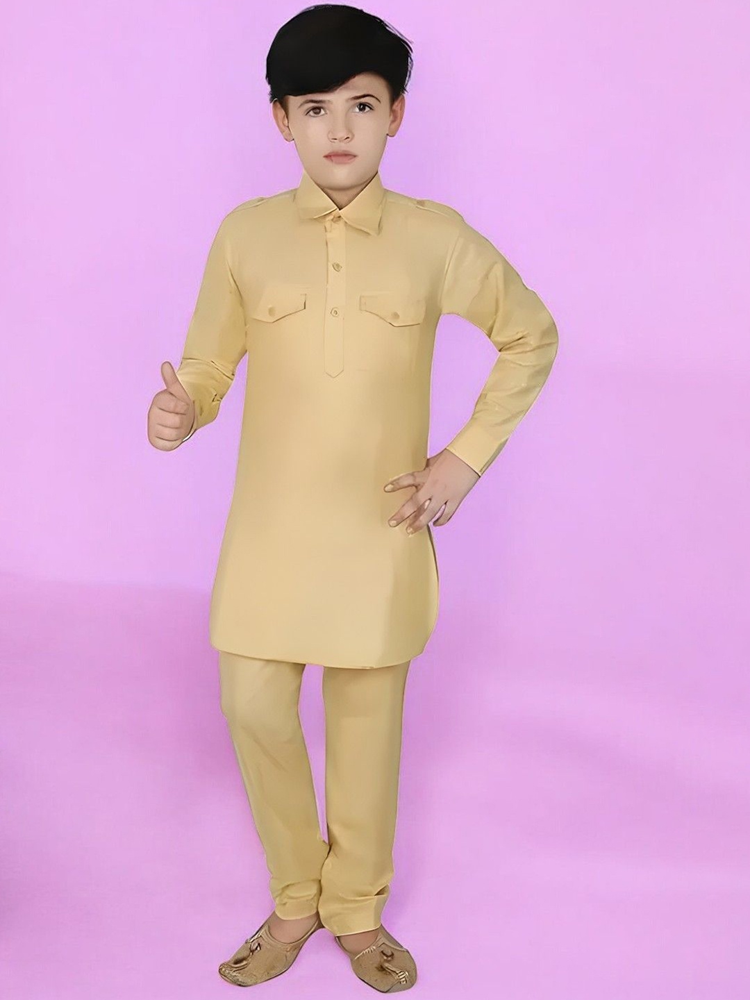 

Qtsy Boys Shirt Collar Pure Cotton Pathani Kurta With Pyjamas, Gold