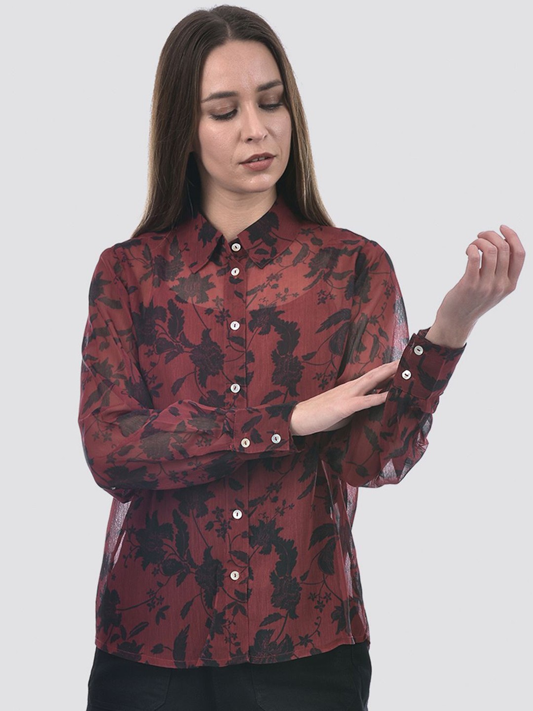 

ONLY Women Regular Fit Spread Collar Floral Printed Casual Shirt, Maroon
