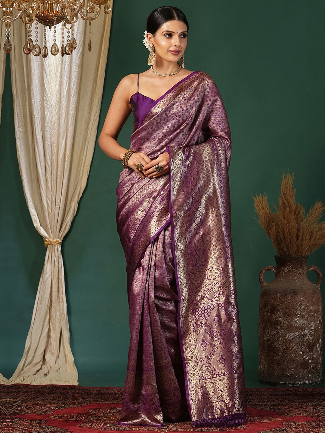 

KALINI Woven Design Zari Silk Blend Banarasi Saree, Purple