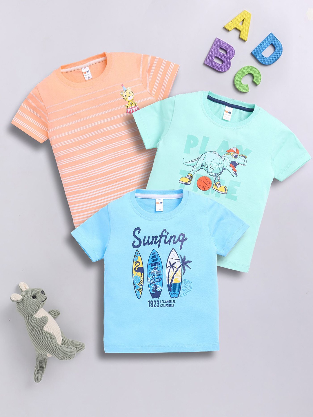 

LITTLE NINJA Boys Pack Of 3 Graphic Printed Round Neck Cotton T-shirts, Blue