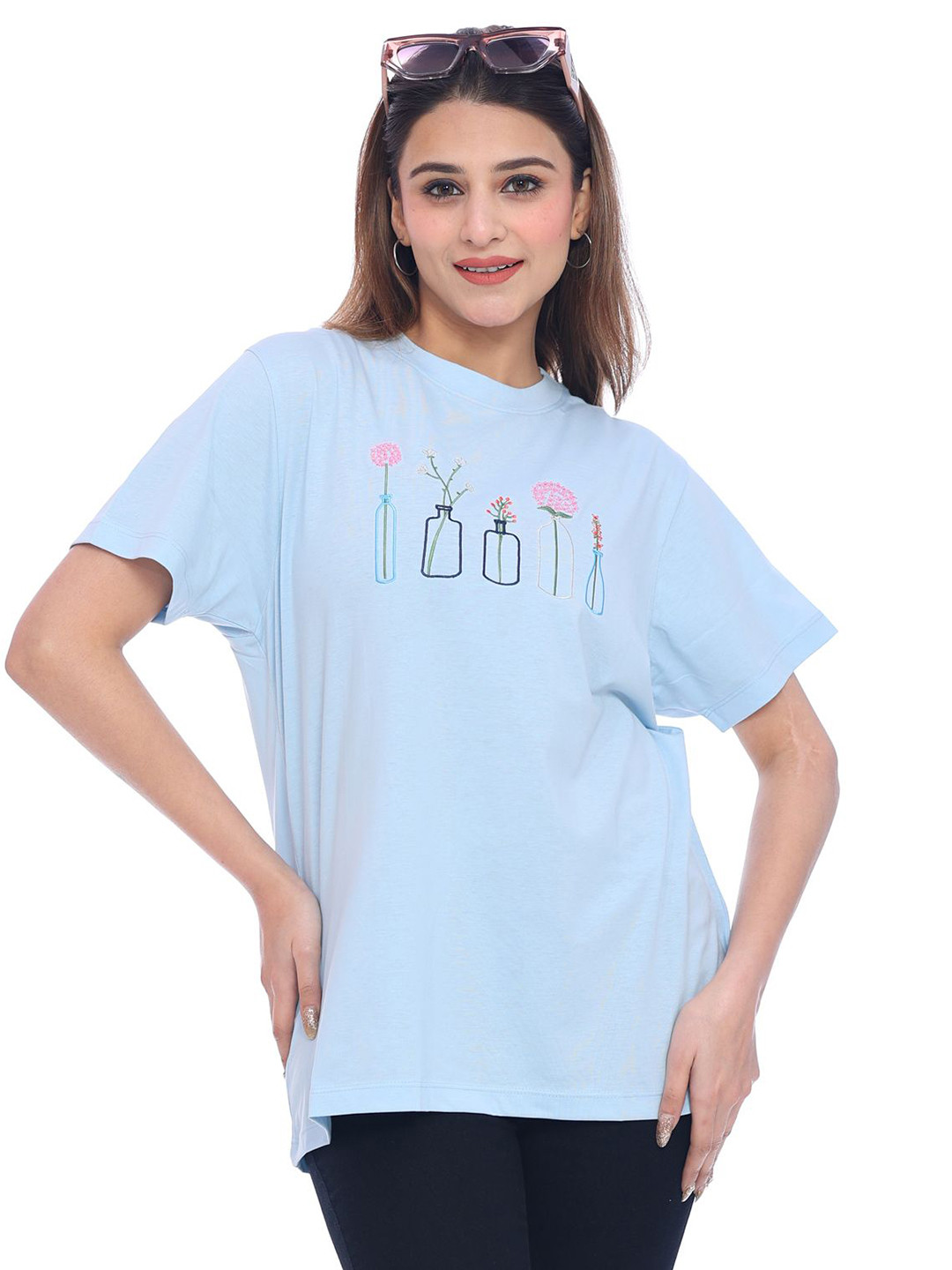 

Moda Elementi Women Floral Printed Round Neck Cotton Oversized T-shirt, Blue