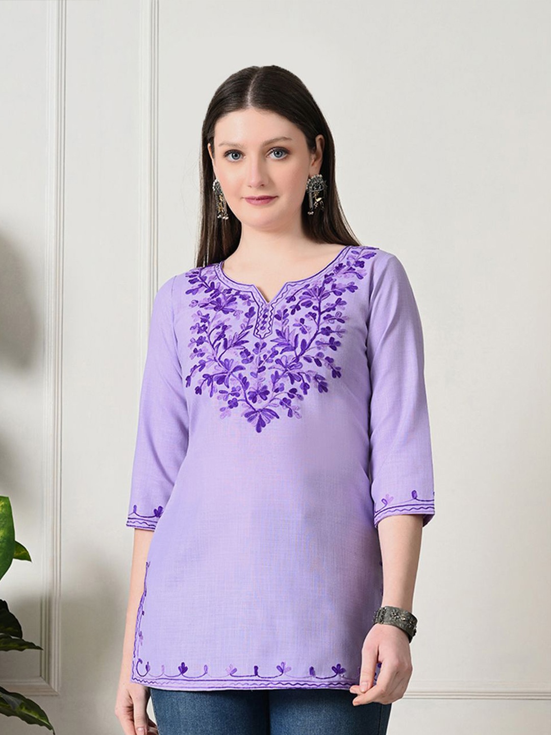 

KALINI Ethnic Motifs Yoke Design Thread Work Pure Cotton Thread Work Kurti, Lavender