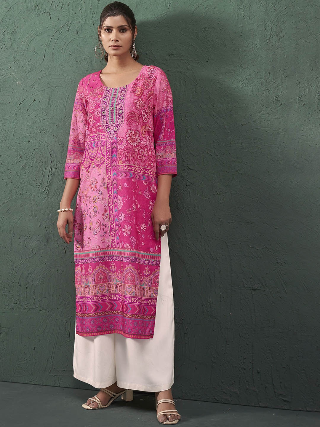 

Anouk Pink Ethnic Motifs Printed Mirror Work Round-Neck Straight Kurta