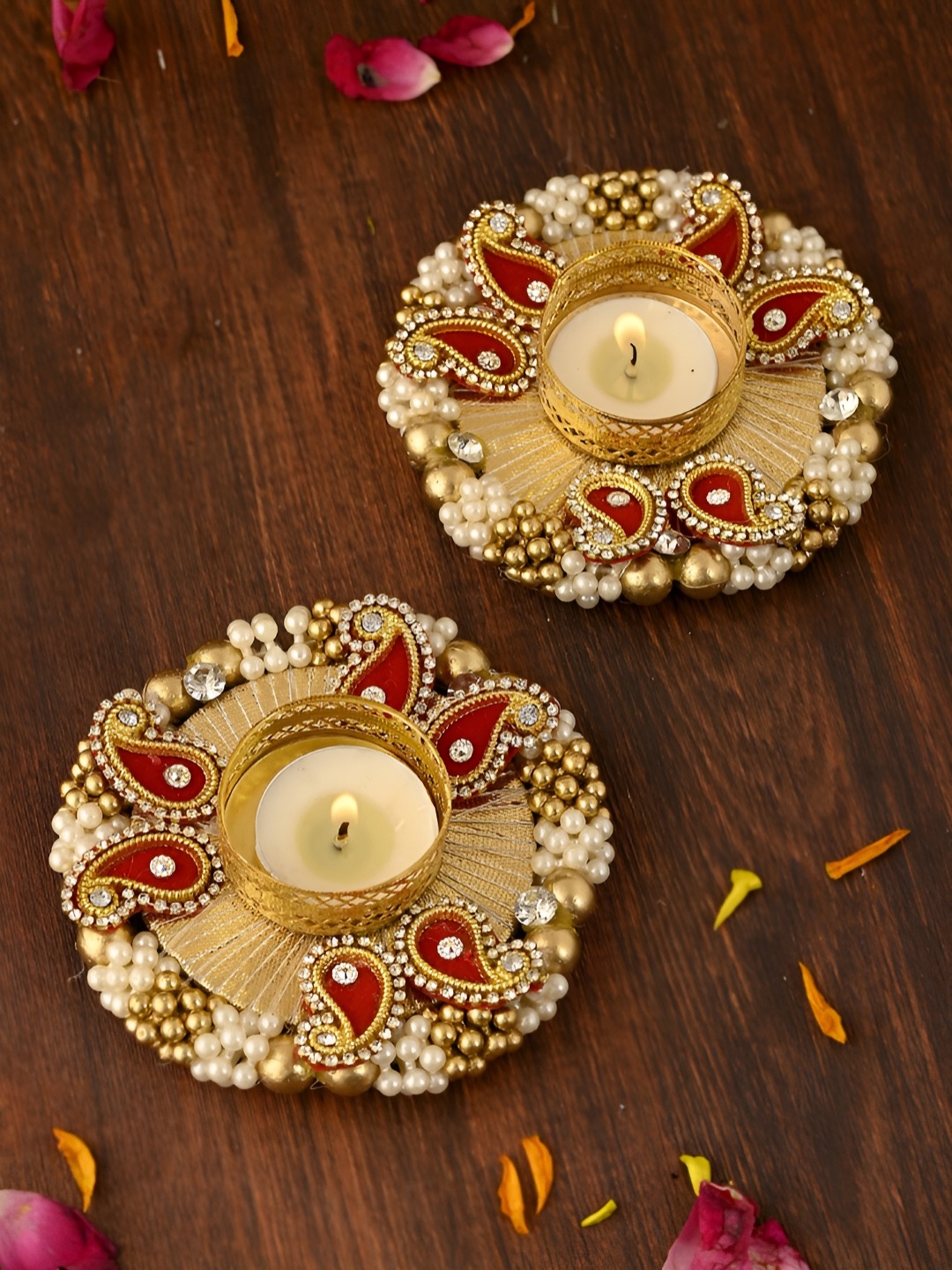 

Myntra Elegant Homes Gold-Toned & Maroon 2 Pieces Artisan Tea Light Candle Holder