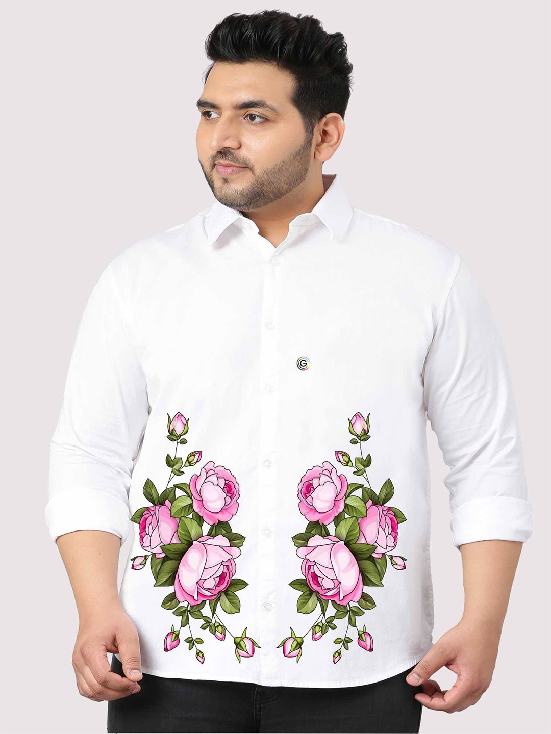 

Guniaa Men Plus Size Classic Fit Spread Collar Floral Printed Cotton Party Shirt, White