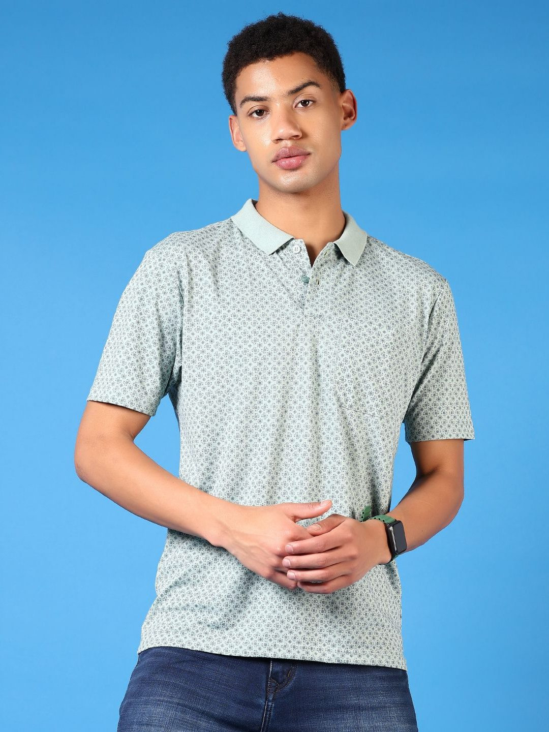 

V-Mart Men Floral Printed Polo Collar Cotton T-shirt, Green