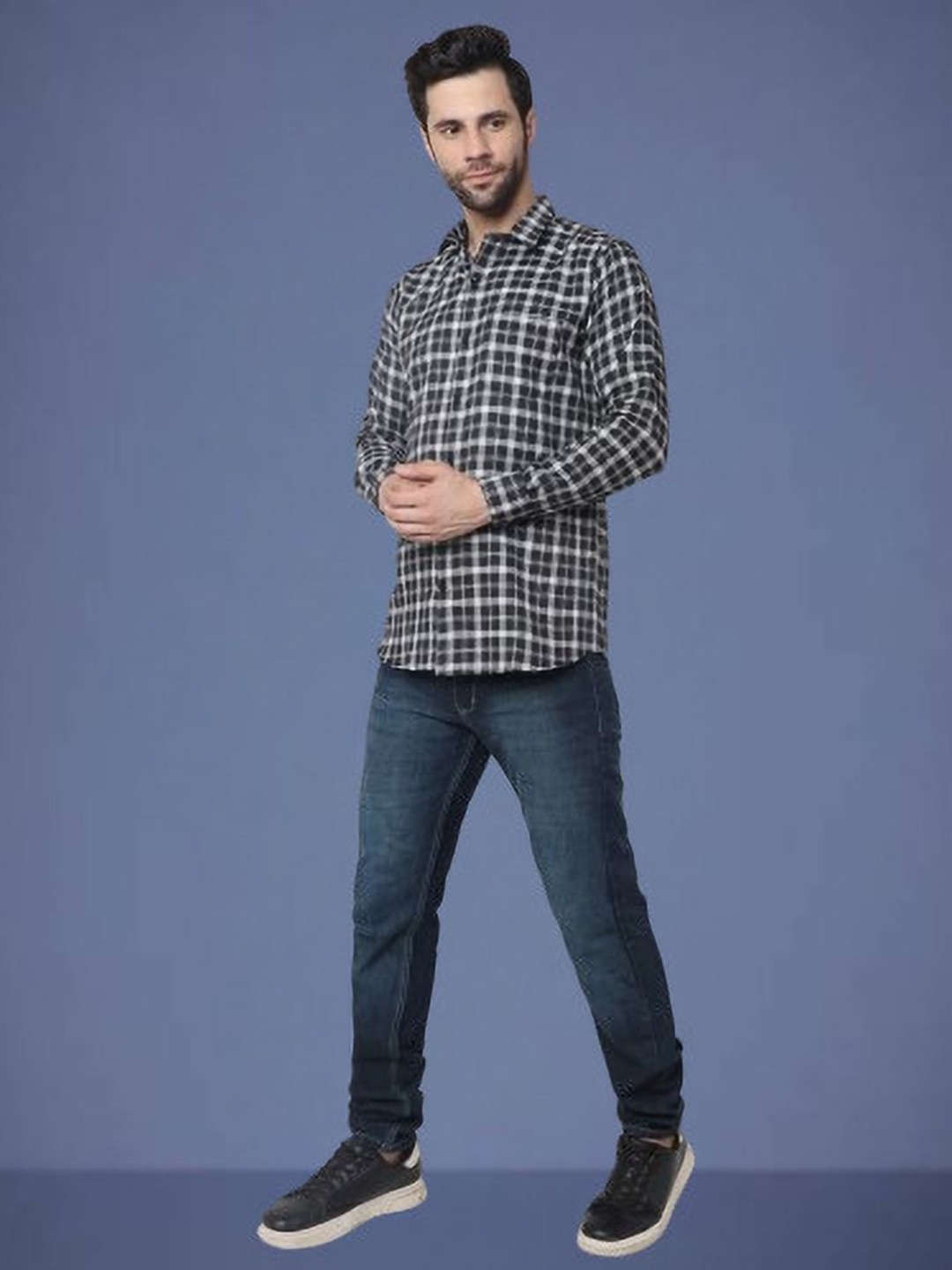 

iCome Men Spread Collar Tartan Checked Cotton Linen Casual Shirt, Black