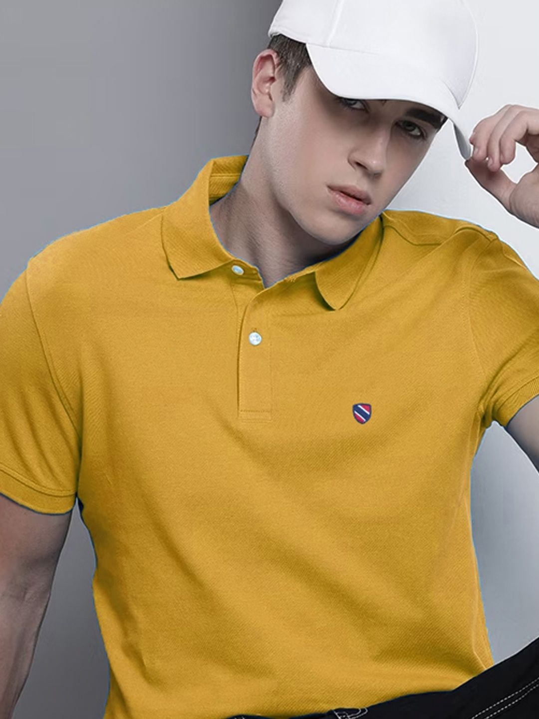 

MERRIMENT Men Solid Polo Collar Cotton T-shirt, Mustard