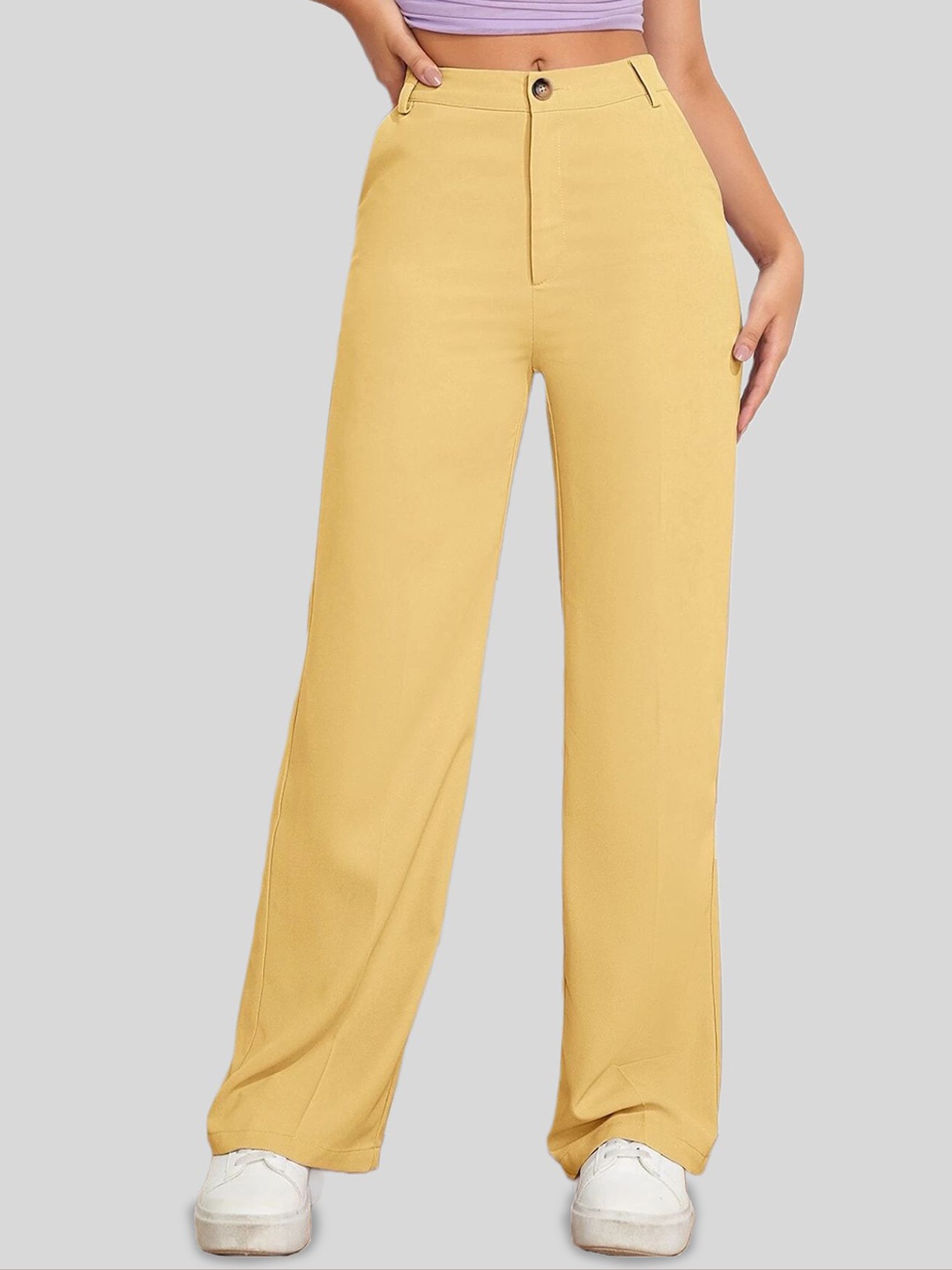 

FNOCKS Women Organic Cotton Relaxed Wide Leg Straight Fit High-Rise Trousers, Yellow