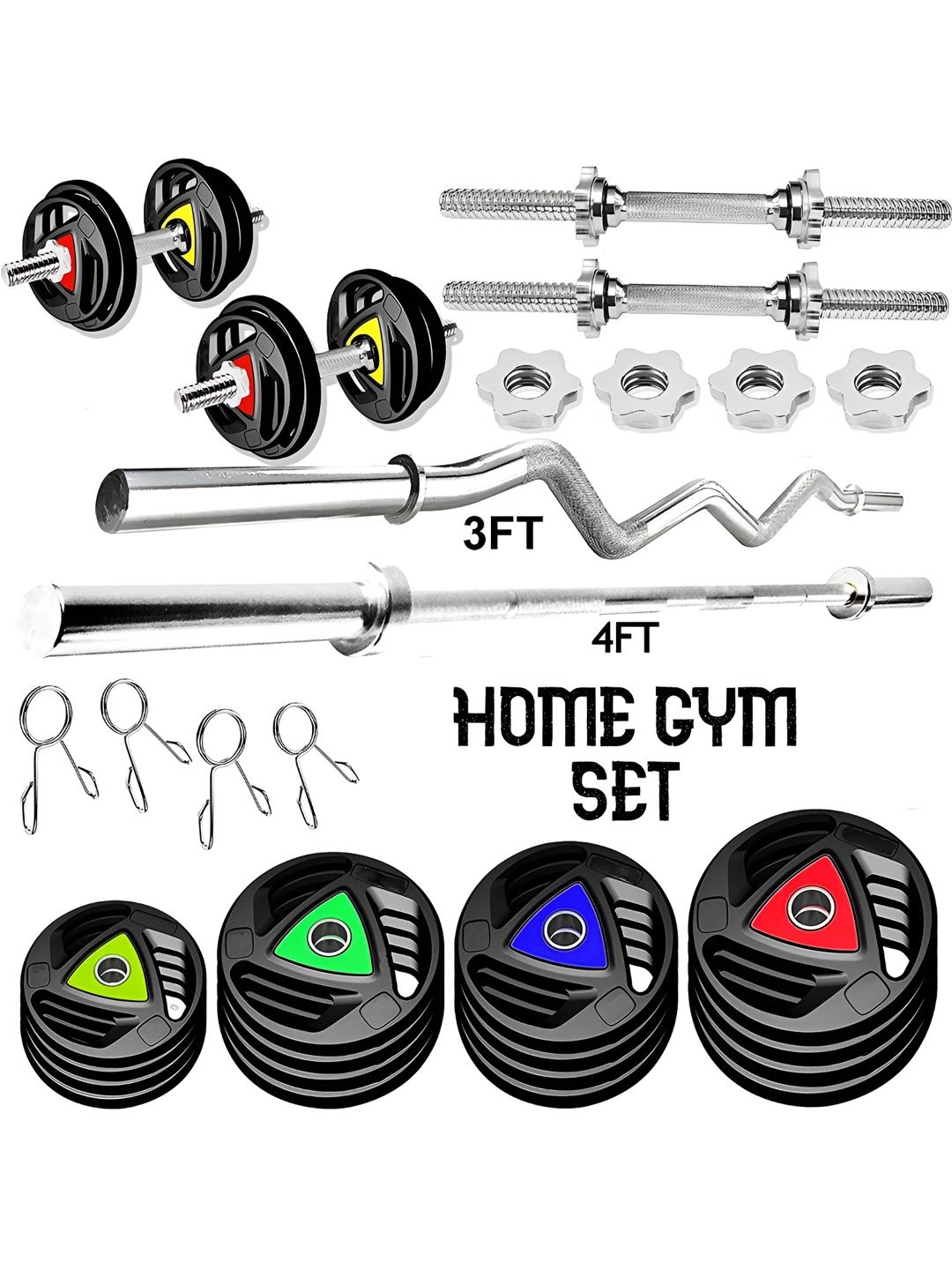 

YMD Set of 16 Premium Rubber Plates With Curl & Straight Rods & Accessories Home Gym Combo, Grey