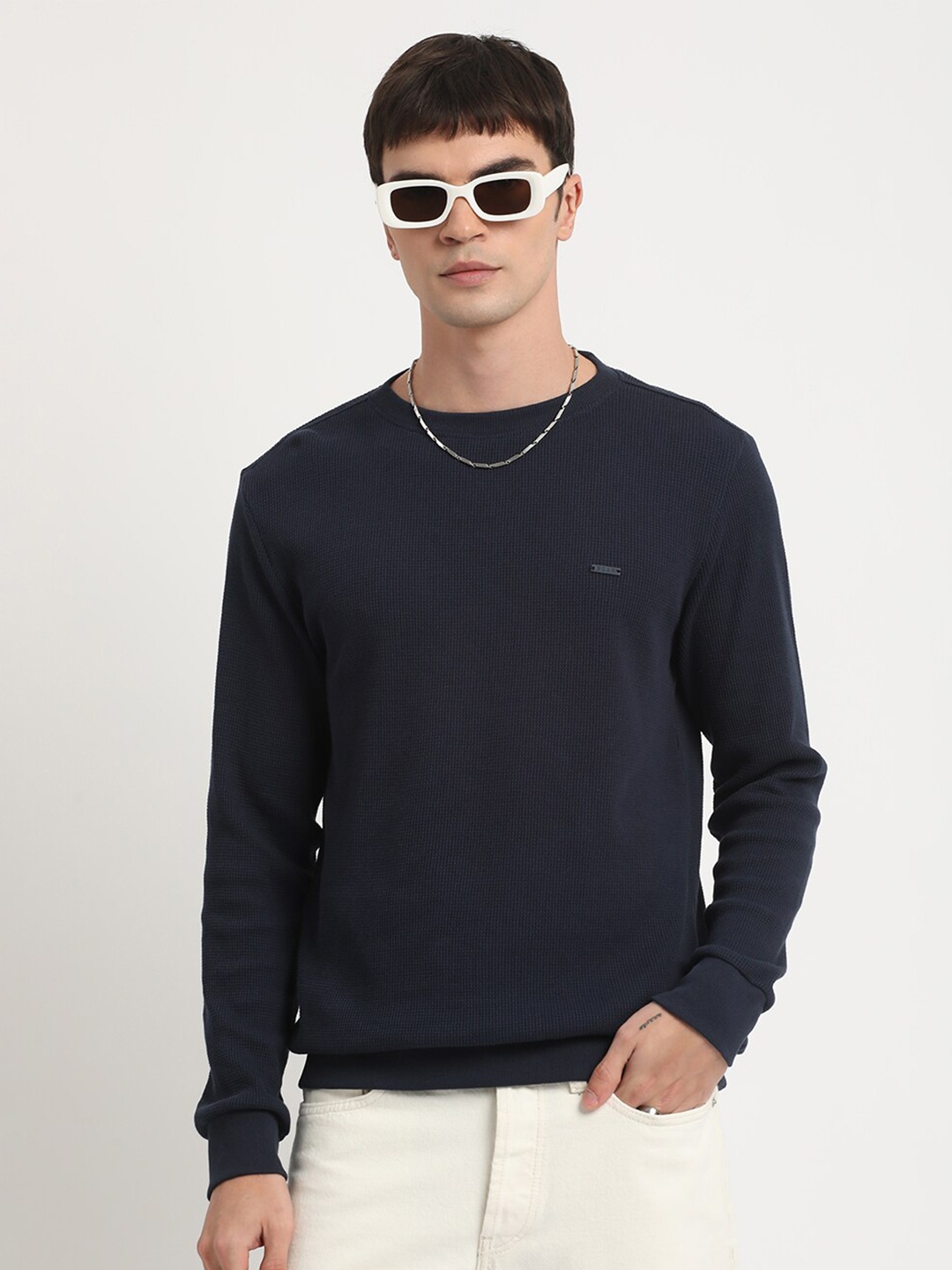 

THE BEAR HOUSE Round Neck Pure Cotton Slim Fit T-shirt, Blue