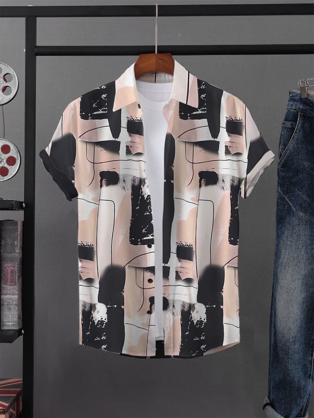 

iCome Men Spread Collar Abstract Printed Casual Shirt, Peach