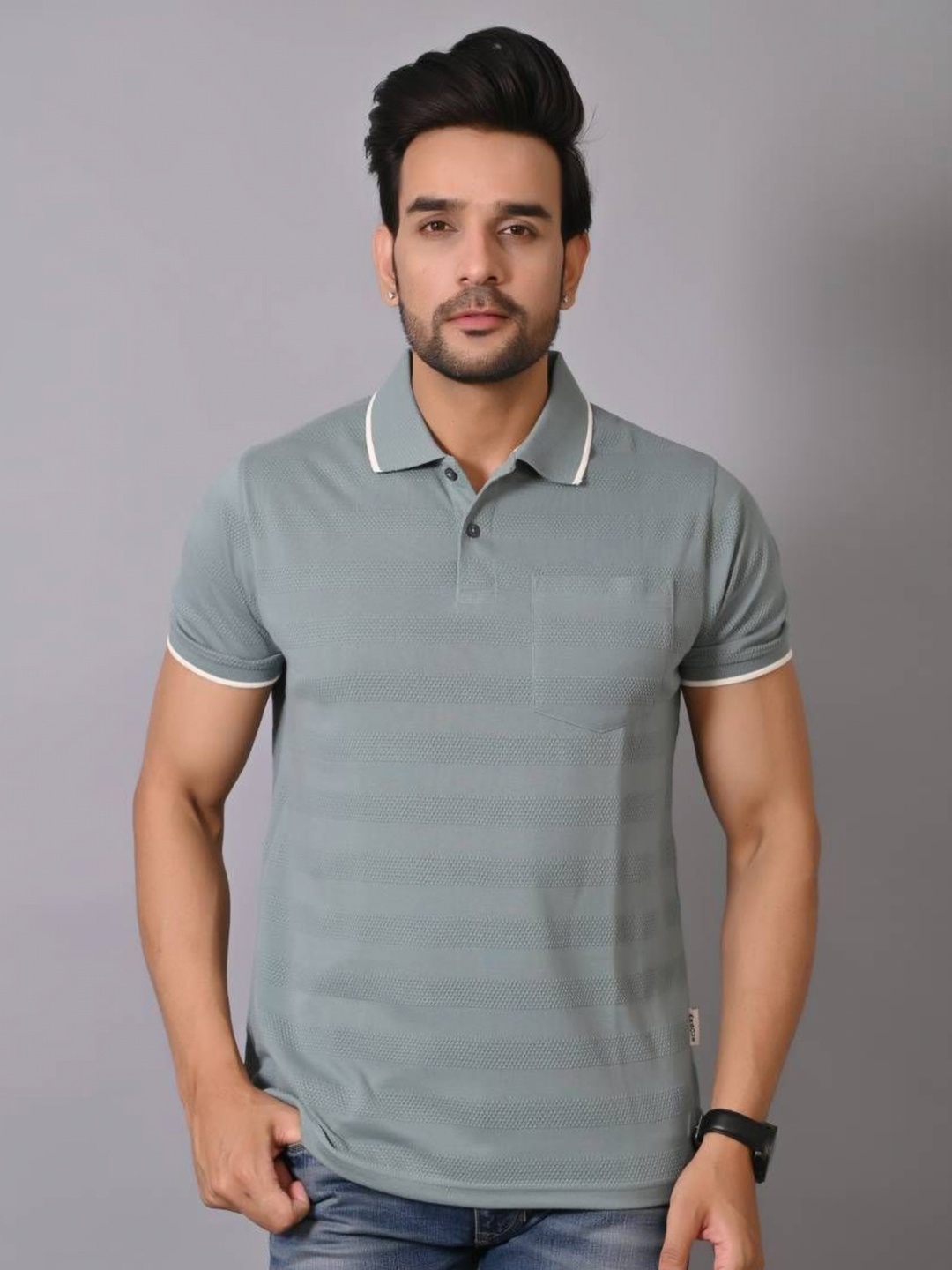 

ARBOUR Men Self Design Polo Collar Cotton Slim Fit T-shirt, Sea green